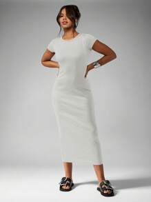 MISSGUIDED Gaun T-Shirt Midi Bodycon Jersey Bergaris, Pas Badan, Elastis, Mewah, Minimalis, Chic, Elegan, Ringan, Kasual, Cocok untuk Acara Siang Malam, Serbaguna - Grey - View 4