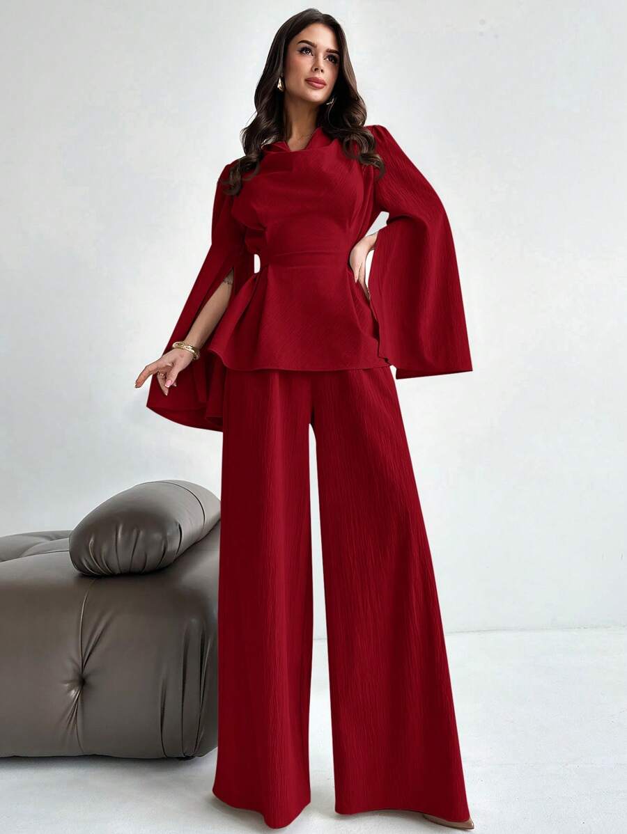 Firerie 2 件女士秋冬系带长袖衬衫上衣和美人鱼下摆半身裙套装、开叉袖衬衫套装、铅笔裙套装、优雅/通勤/日常/商务/度假/职业装