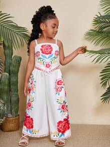 Travachic KIDS 2pcs/Set Young Girl Ditsy Floral Knitted Camisole Top And Loose Casual Long Pants, Set - Apricot - View 2