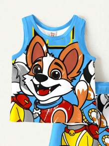 SHEIN 2pcs Puppies, Cartoon, Young Boy Print Casual Short Sleeve Set, Suitable For Spring & Summer