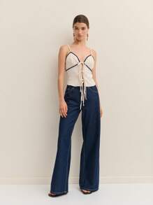 Nöista Cute Top For Women, Contrast Detail Tie On Front Closure Holiday European Summer Style Tank Top - White - View 3