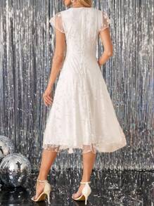 SHEIN Clasi Ruffle Sleeve Waist-Cinched Lace & Mesh Wedding Guest Dress, Elegant & Beautiful,Bohemia - White - View 2