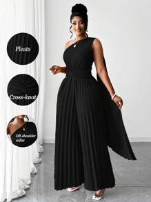 Maweii 大码女式纯色优雅褶皱不对称单肩设计连体裤，百搭时尚，适合派对、音乐会、婚礼、春夏季 - 黑色 - 查看 1