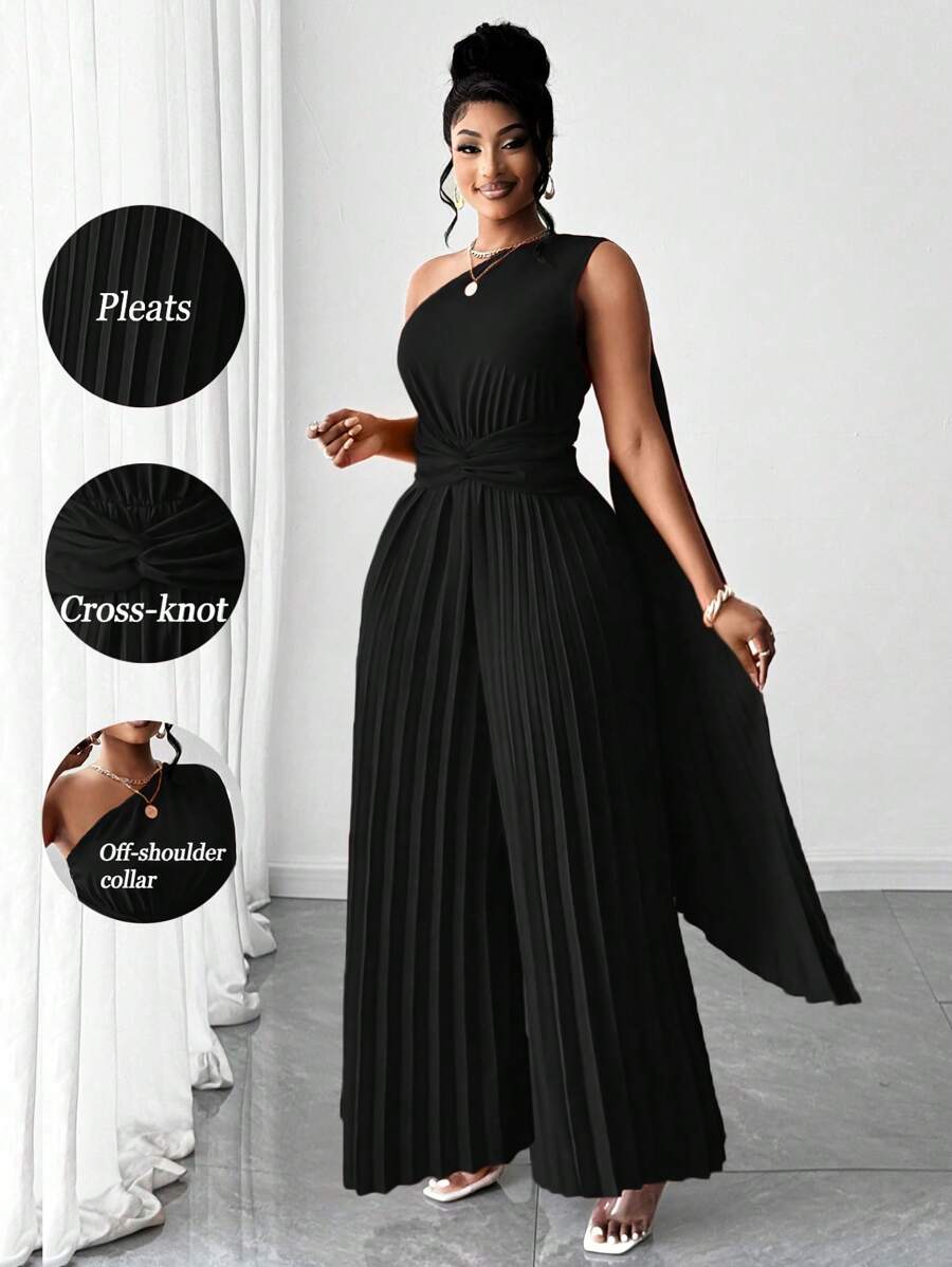 Maweii 大码女式纯色优雅褶皱不对称单肩设计连体裤，百搭时尚，适合派对、音乐会、婚礼、春夏季 - 黑色 - 查看 1