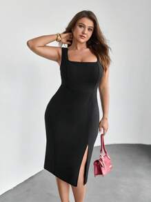 SHEIN Privé Plus Split Thigh Dress - Black - View 6