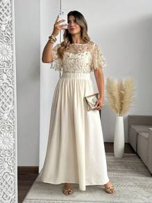 SHEIN Clasi Plus Size Women's Gold Summer Elegant Wedding Guest Sequin & Beaded Floral Pattern Mesh Panel Shiny Maxi Dress,Ladies Party Wedding Cocktail Gown - Champagne - View 4