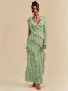 SHEIN BAE Váy maxi dài tay nhún bèo lãng mạn, trang phục thường ngày ngọt ngào cho hẹn hò, du lịch, mùa thu, váy trang trọng thanh lịch cho phụ nữ vào ngày lễ tình nhân, ngày lễ, đám cưới, váy midi, váy mùa hè có tay áo mỏng, váy dự tiệc sinh nhật cỡ lớn - Màu xanh Bạc hà - Xem 4