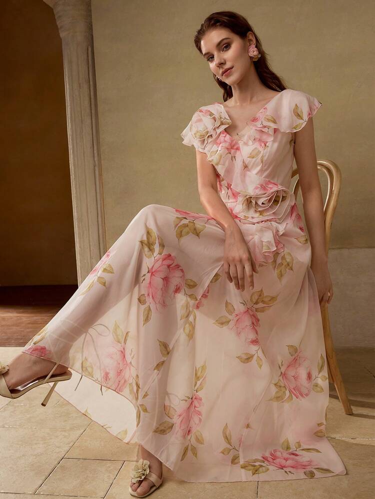 CHIFFON FLORAL PRINT RUFFLE TRIM STEREO FLOWER WAIST DRESS