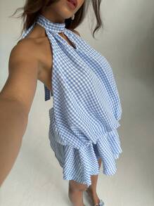 Aloruh 女式休闲日常格子露背迷你连衣裙 - 藍色 - 查看 8