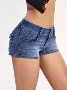 SHEIN ICON 大码女式时尚弹力腰带口袋短裤 - 中等水洗藍 - 查看 6