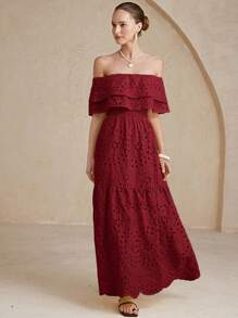 Embroidered Hollow-Out Ruffled Off Shoulder Slim Waist Women Long Dress For Vacation - Rust Brown - View 6