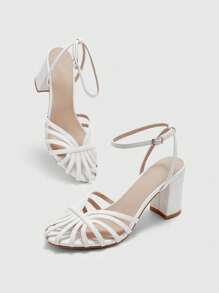 CUCCOO BIZCHIC 女士圆头粗跟镂空编织优雅百搭舒适度假罗马凉鞋，白色高跟凉鞋 - 白色 - 查看 6