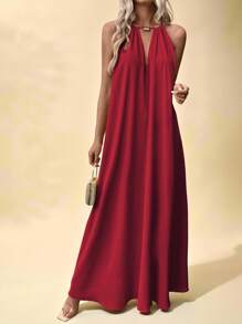 Vesra Robe longue maxi élégante pour femmes, couleur unie, col ras-du-cou, style balançoire, pour l'été, vacances, plage, couleur bordeaux - Rouge foncé - Voir 5