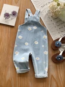 SHEIN Peto vaquero lavado azul claro con estampado de margaritas en estilo casual, lindo y campestre para niña bebé - Lavado ligero - Ver 2