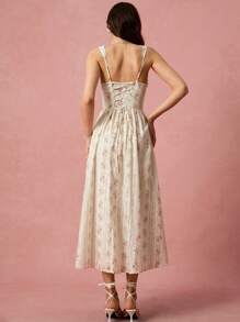 Enchnt Spring/Summer Romantic Women's Apricot Little Rose Print Square Neck Ruched Cross-Tie Back Sleeveless Princess Long Dress,Sweet&Elegant For Vacation&Date&Holiday&Party&Graduation&Wedding Guest&Beach&Boho Chic,Prom Dress,Summer Dresses For Women,Sun Dresses For Women,Summer Clothes, ,Elegant Dresses For Party - Baby Pink - View 4