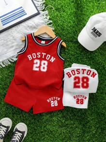 SHEIN Set de 4 piezas de ropa de verano informal para niño bebé que incluye camiseta de baloncesto con estampado y shorts
