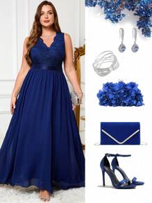 SHEIN Clasi Plus Size Women's Elegant Royal Blue Wedding Guest Dress,Autumn Formal V-Neck Lace Wave Edge Sleeveless A-Line Flowing Chiffon Long Dress - Navy Blue - View 2