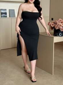 Flirla Plus Size Women Solid Color Strapless Slit Ruched Mini Dress - Black - View 3