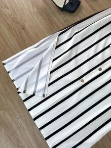 女式休闲条纹V领纽扣前开襟连衣裙，夏季 - 白色 - 查看 6