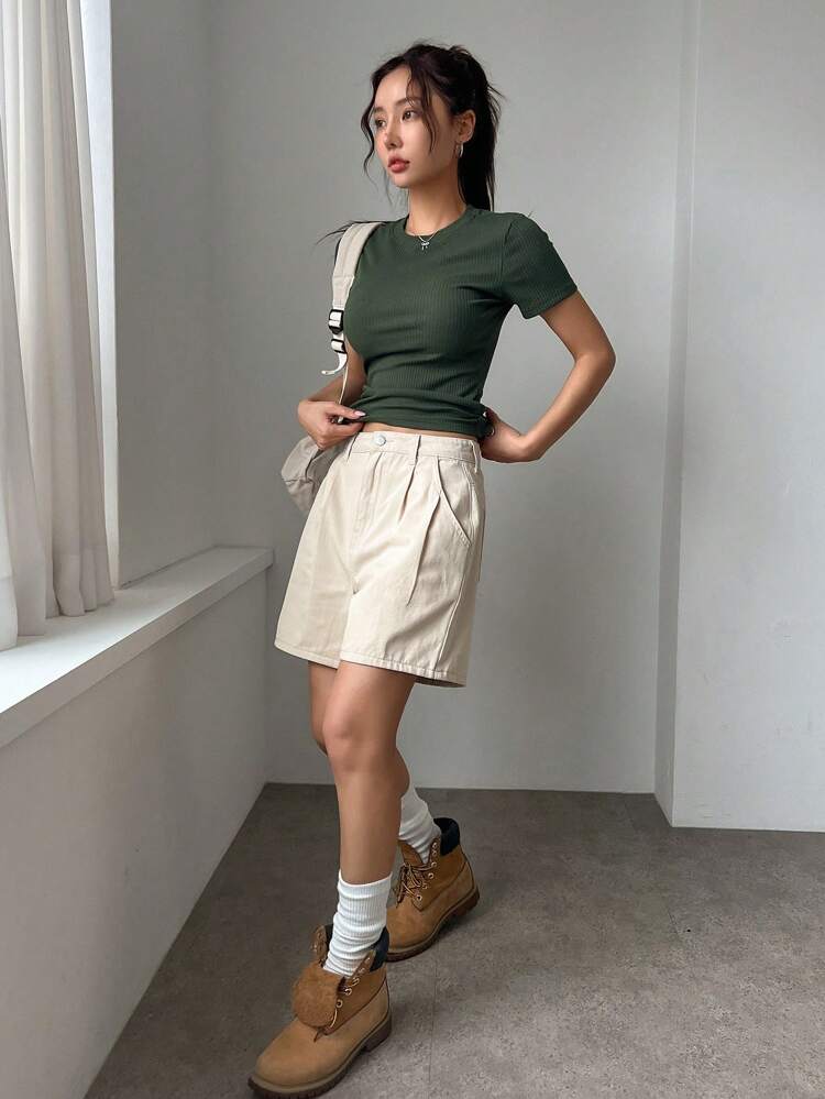 Women Fashionable Slim Fit Solid Color Short Sleeve T-Shirt Preppy Tops