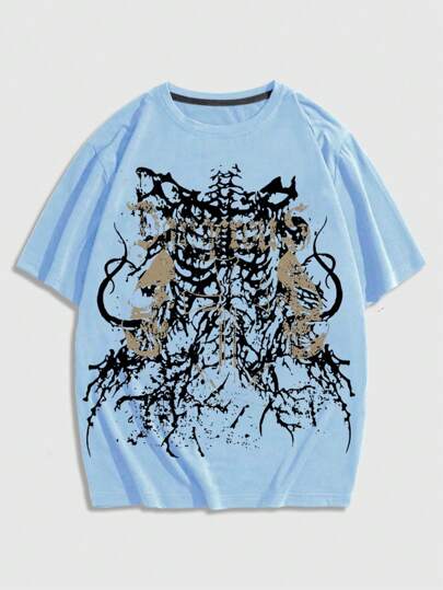 Grunge Punk T-shirt décontracté à manches courtes col rond avec imprimé squelette, style de vie de rue, Halloween