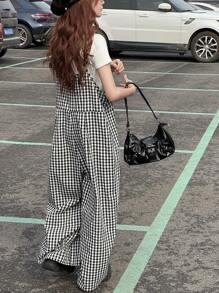 DAZY 青少年女孩格纹宽腿宽松休闲连体裤，女孩夏季服装，返校服装 - 黑與白 - 查看 2