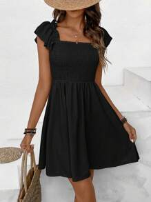 SHEIN Frenchy Váy chữ A cổ vuông màu trơn, phong cách mùa hè giản dị có phần eo - màu đen - Xem 5