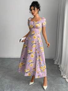 Modelyn Women Floral Print Raglan Sleeve Elegant Vacation Dress - Purple - View 4