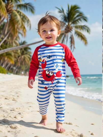 Cute Crab Print Infant/Baby Boy's One-Piece Swimsuit With Zipper Back, Cartoon Underwater World UPF Sun Protection Long Sleeve & Pants Baby Boy Clothes Beach Baby Beach Clothes Baby Beach Clothes Boy Boy Infant Clothes Toddler Beach Clothes