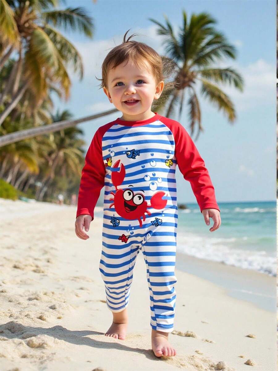 Đồ bơi liền thân in hình con cua dễ thương cho trẻ sơ sinh/bé trai có khóa kéo phía sau, tay dài chống nắng UPF hình thế giới dưới nước hoạt hình và quần dài - Nhiều màu - Xem 1