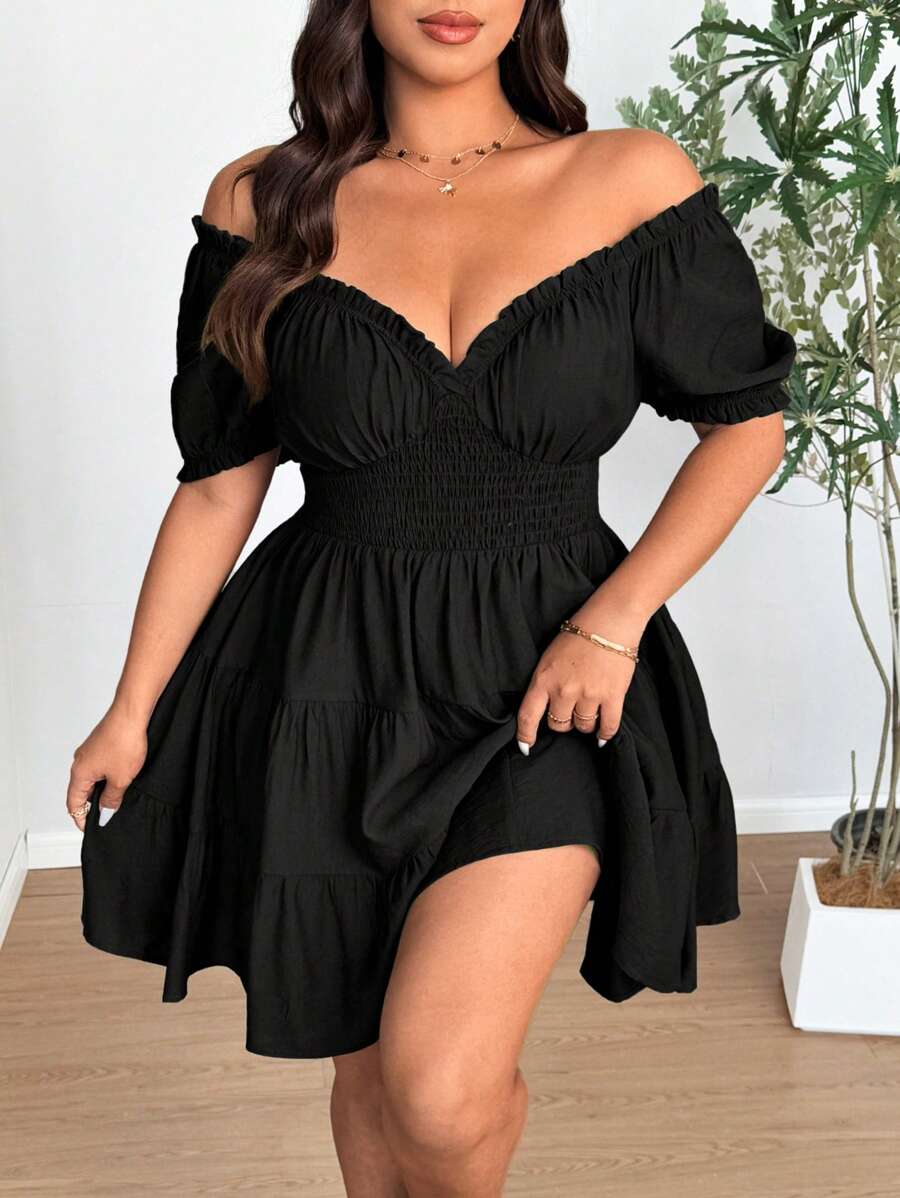 Vionelle Plus Size Woven Elegant V-Neck Puff Sleeve Ruffle Midi Dress - Black - View 1