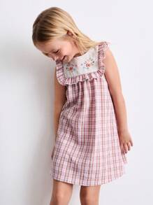 SHEIN Young Girls Cute Embroidered Collar Ruffle Hem Sleeveless Dress, Summer - Multicolor - View 3