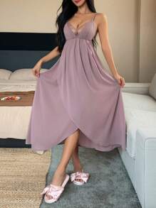 DAZY Lace Patchwork High Slit Design Women's Slip Dress Pajama - Dusty Purple - View 5