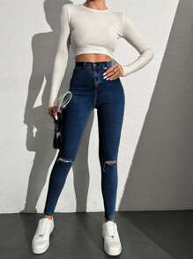 EURMUSE Ladies' Ripped Tight Jeans - Dark Wash - View 3