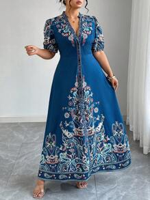 Elenzga Đầm maxi dài tay ngắn cổ chữ V cài một hàng khuy dành cho nữ cỡ lớn, kiểu boho in họa tiết, thích hợp mặc thường ngày hoặc đi nghỉ dưỡng. Đầm nữ thường ngày, đầm công sở, đầm hè, đầm dự tiệc sinh nhật, quần áo nữ mùa hè. - Màu xanh hải quân - Xem 6