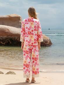 Lumivelle Women Beach Vacation Style Printed Shirt And Pants 2 Pieces Set (Printed Pattern Asymmetrical) - Multicolor - View 2