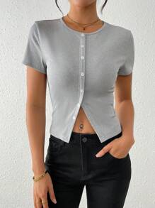 SHEIN LUNE Damen T-Shirt Einfarbig mit kurzen Ärmeln, modisch für den Sommer - Hellgrau - Übersicht 6