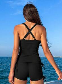 Swim Lushoire Conjunto de 2 piezas de traje de baño tipo tankini para mujer, compuesto por una parte superior de tirantes con estampado de plantas y cordón y una Bottom de alta cintura con cordón, para llevar en la playa y vacaciones de verano - Multicolor - Ver 2