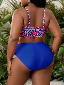 Slaydiva Plus Size Women 2 Pieces Colorful Leopard Print Tankini Swimsuit Set With Pinkish-Red Bottoms, Beach & Pool Vacation Outfit For Summer