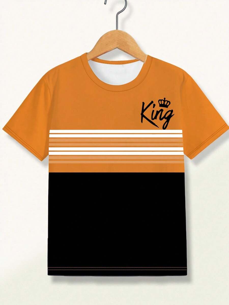 SHEIN Explorewe Tween Boy Digital Printing Letter & Striped Casual T-Shirt, Fashion Minimalist Design, Suitable For Outdoor Sports And Campus Wear - Multicolor - View 1