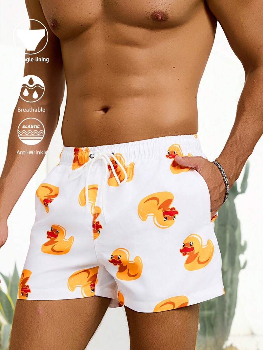 CoralVoy Men's Cartoon Duck Print Drawstring Waist Pocket Beach Shorts (Asymmetrical Cut), Hawaiian - White - View 1