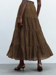 Maija Women's Polka Dot Elastic Waist Casual Boho Flowy Long Skirt, Summer - Khaki - View 2