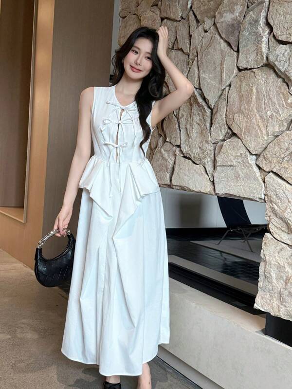 Breezaya Women's Long Pleated Patchwork Tie-Up Sleeveless Elegant Dress
