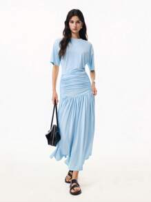 LYSMO Women's Solid Color Round Neck Drop Shoulder Ruched Hem Ruffled Casual Dress - Baby Blue - View 4