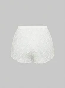 ROMWE Goth 哥特式深色提花蕾丝吊带短裤睡衣套装，透明 - 黑與白 - 查看 6