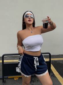 SHEIN MOOSTA Plus Size Women's Elastic Waist Bow Ruffle Trim Shorts - Navy Blue - View 1