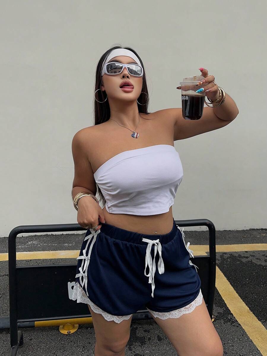 SHEIN MOOSTA Plus Size Women's Elastic Waist Bow Ruffle Trim Shorts - Navy Blue - View 1