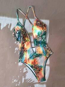 Swim SXY 夏季新款彩色印花铝箔面料镂空后背系带可调节连体泳衣女士 - 彩色 - 查看 4