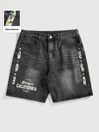 Street Life Pantaloncini di jeans casual da uomo con stampa di lettera, arricchiti di strass