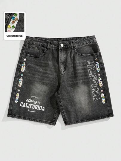 Street Life Men's Letter Print Pocket Casual Rhinestone Embellished Denim Shorts
